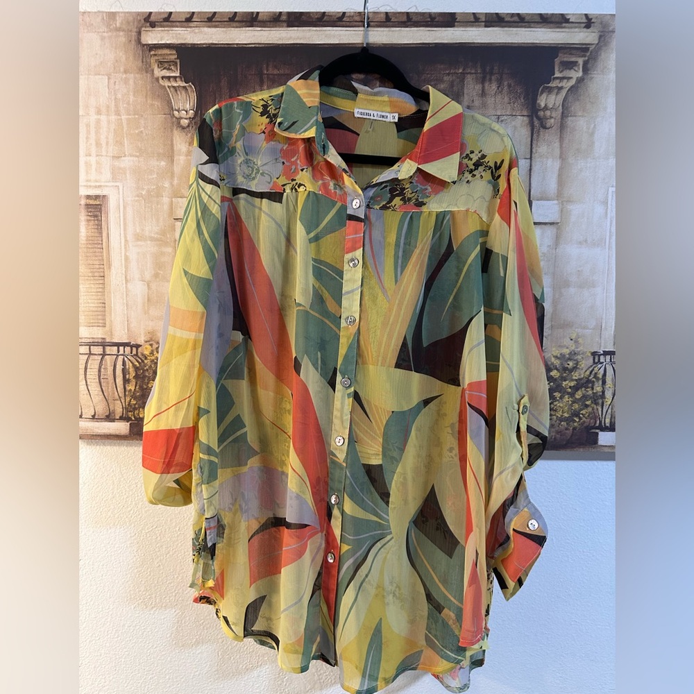 Colorful Leaf Print Button-Up Shirt